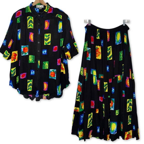 Colorful Flowy Floral Patterned Top‎ & Maxi Skirt Set Rayon Vintage